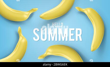 Iscrizione bianca estate e banana realistica isolato su sfondo blu, vista dall'alto. Modello di illustrazione vettoriale per prodotti, annunci pubblicitari, banner Illustrazione Vettoriale