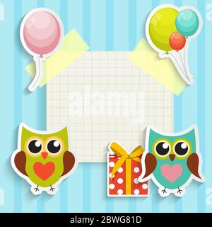 Carino Owl buon compleanno sfondo con scatola regalo, palloncini e posto per la tua illustrazione vettoriale di testo Illustrazione Vettoriale