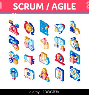 Icone isometriche Agile Scrum Imposta vettore Illustrazione Vettoriale