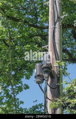 Polo di utilità BT rurale con varie installazioni a banda larga in fibra ottica. Metafora servizi rurali a banda larga, connettività rurale, campagna cablata. Foto Stock