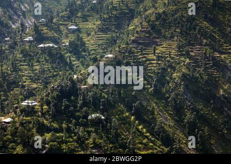 Impressionante, case locali e ripido campo terrazzato a scogliera, trekking montagna Elum, Swat, Provincia di Khyber Pakhtunkhwa, Pakistan, Asia meridionale, Asia Foto Stock