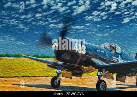 Aerei militari della seconda guerra mondiale che decolgono dalla pista all'Imperial War Museum di Duxford, in Inghilterra. Foto Stock