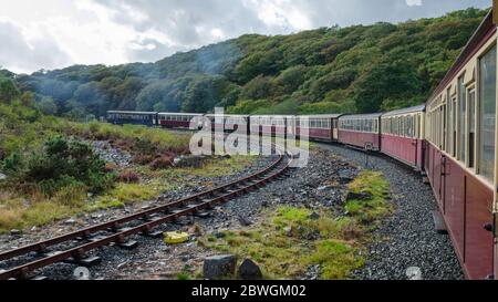 Ffestiniog, Galles del Nord, Regno Unito: 14 settembre 2017: Un treno a vapore a scartamento ridotto trasporta carrozze turistiche attraverso la campagna sulla Ferrovia Ffestiniog Foto Stock