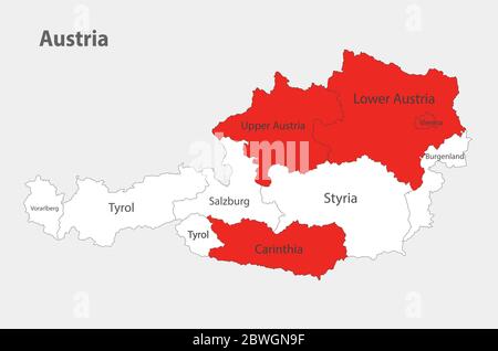 Mappa dell'Austria nei colori della bandiera con vettore divisioni amministrative Illustrazione Vettoriale