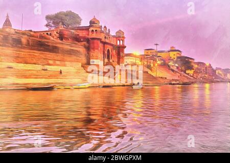 Chet Singh forte paesaggio urbano da Gange colorato pittura, Varanasi, Uttar Pradesh, India Foto Stock