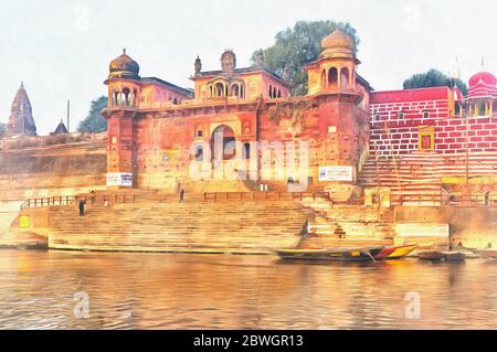 Chet Singh Fort dipinto colorato, paesaggio urbano da Gange, Varanasi, Uttar Pradesh, India Foto Stock