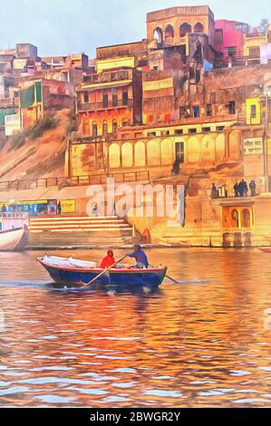 Paesaggio urbano da Gange colorful pittura, Varanasi, Uttar Pradesh, India Foto Stock