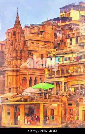 Paesaggio urbano da Gange colorful pittura, Varanasi, Uttar Pradesh, India Foto Stock