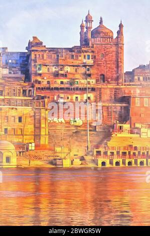 Paesaggio urbano da Gange colorful pittura, Varanasi, Uttar Pradesh, India Foto Stock