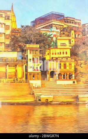 Paesaggio urbano da Gange colorful pittura, Varanasi, Uttar Pradesh, India Foto Stock