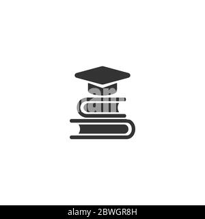 pila di libri con tappo graduato o tavola di malta. icona nera isolata su sfondo bianco. Icona di lettura piatta. Illustrazione vettoriale. Logo Education. K Illustrazione Vettoriale