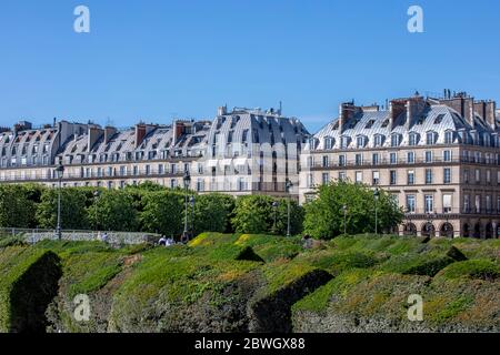 Parigi, Francia - 29 maggio 2020: Facciate attraenti con la geometria delle finestre, affascinante edificio tipico a Parigi (Rue de Rivoli) Foto Stock