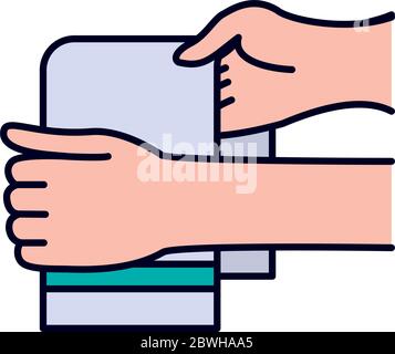 concetto di lavaggio delle mani, mani che si asciugano con un asciugamano su sfondo bianco, stile linea e riempimento, illustrazione vettoriale Illustrazione Vettoriale