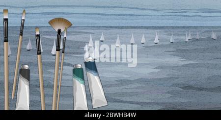 Diversi pennelli e tubi di vernice sulla natura paesaggio illustrazione panoramica Illustrazione Vettoriale