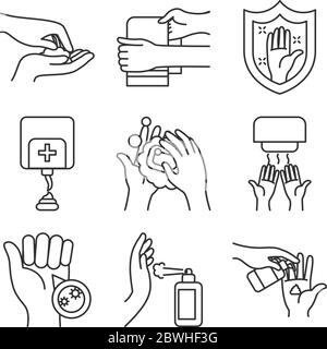 icona shield e handwashing su sfondo bianco, stile linea, illustrazione vettoriale Illustrazione Vettoriale