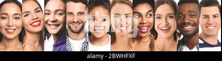 Collage di foto con diverse persone sorridenti Foto Stock