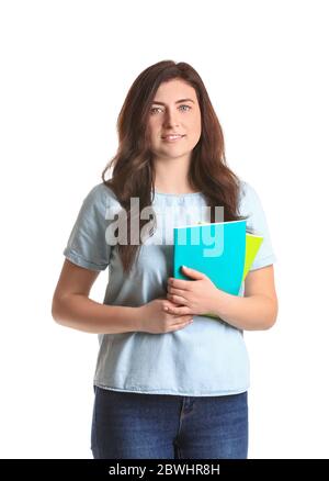 Insegnante femminile su sfondo bianco Foto Stock