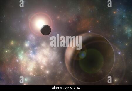 Illustrazione dell'universo fantasy, pianeta alieno sconosciuto, illustrazione 3D Foto Stock