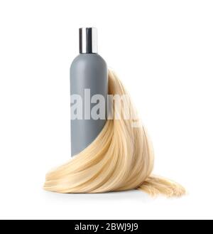 Bottiglia di shampoo per capelli biondi su sfondo bianco Foto Stock
