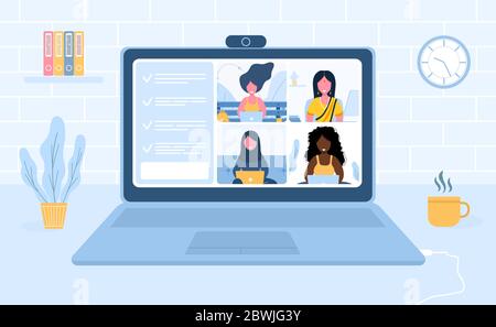 Videochiamata in conferenza. Lavorare da casa. Distanza sociale. Discussione aziendale. Illustrazione vettoriale in stile piatto. Illustrazione Vettoriale
