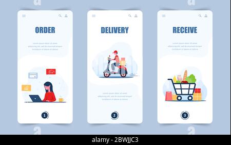 Ordine alimentare online. Consegna di generi alimentari. App mobile e landing page. Una donna negozio in un negozio online. Corriere veloce sullo scooter. Carrello Illustrazione Vettoriale