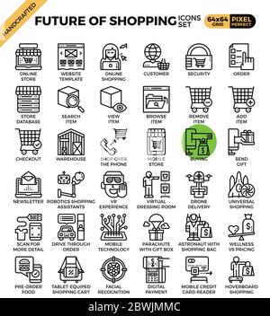Icone del concetto di futuro dello shopping impostate in stile moderno per ui, ux, sito web, web, app graphic design Illustrazione Vettoriale