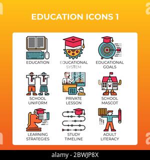 Icone di concetto Education impostate in stile moderno per interfaccia utente, ux, Web, design di app mobili, ecc. Illustrazione Vettoriale