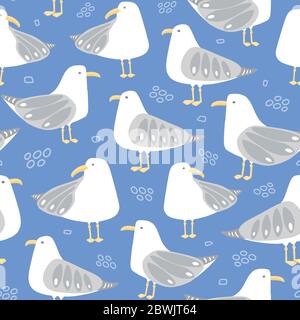 Disegno di campitura vettoriale di Seagull. Divertente uccelli mare senza cuciture ripetere sfondo. Illustrazione Vettoriale