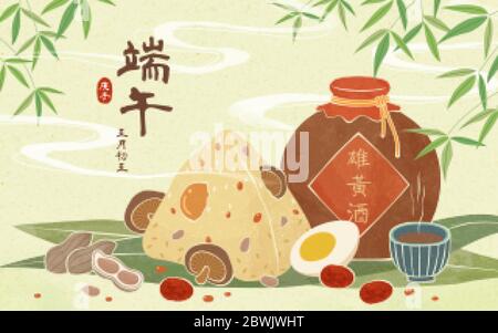 Dragon Boat festival realgar vino e zonzi illustrazione su sfondo verde, Duanwu, data e il nome del vino scritto in calligrafia cinese Illustrazione Vettoriale