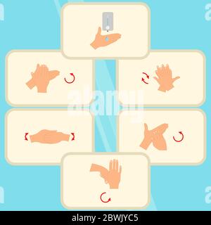 Istruzioni e linee guida per la corretta disinfezione delle mani Illustrazione Vettoriale