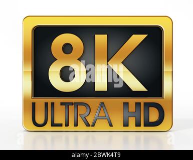 Etichetta Gold Ultra HD 8K isolata su sfondo bianco. Illustrazione 3D. Foto Stock