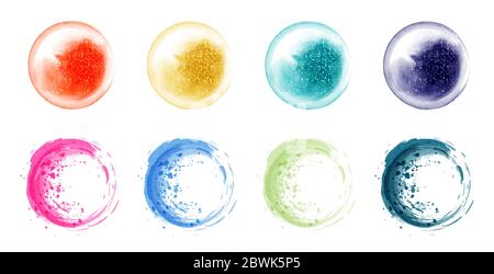 Set di cornici colorate con cerchi colorati ad acquerello, macchie di spruzzi d'acqua per sfondo, banner, poster, cartoncino, brochure Illustrazione Vettoriale