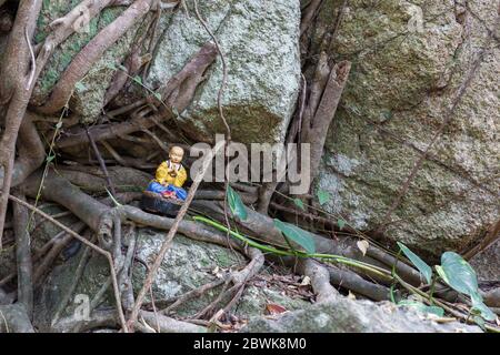 Preghiera Buddha mini statua tra radici di alberi e rocce. Al Tempio di Nantputuo, Xiamen Foto Stock