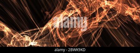 Astratto arancio dorato incandescente plasma energia che scorre su sfondo nero, panorama, 3D rendering astratto sfondo futuristico. Foto Stock