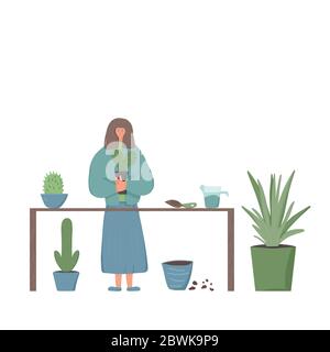 Amante della pianta. Sorridente donna che indossa abiti accoglienti che tengono in mani catus. Piante che crescono il concetto di hobby. Immagine vettoriale a colori piatti. Illustrazione Vettoriale