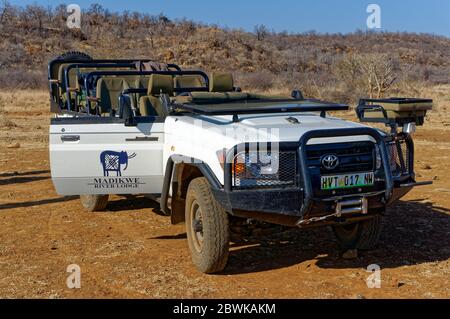 Un veicolo Safari Cruiser Toyota Land modificato che porta i turisti su Game Drive sulla Madikwe Game Reserve. Foto Stock