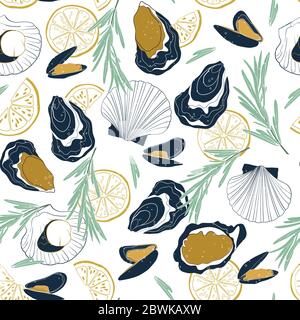 Modello vettoriale di pesce senza giunture su sfondo bianco. Ostriche, cozze, capesante, fette di limone e rosmarino disegnate a mano. Illustrazione Vettoriale