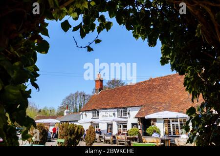 Ristorante all'aperto nel giardino del Withies Inn, un tradizionale pub di campagna gratuito nel villaggio di Surrey di Compton, nel sud-est dell'Inghilterra Foto Stock