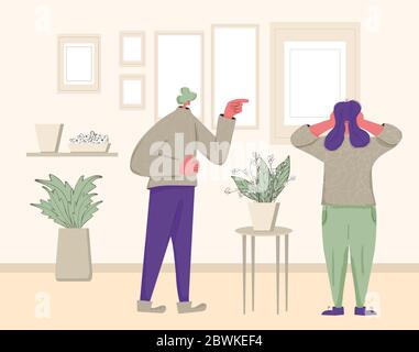 Conflitto familiare. Coppia durante la cava a casa. Cattiva relazione tra amici. Persona spaventa mettendo le mani sulle orecchie e l'uomo urlando e poin Illustrazione Vettoriale