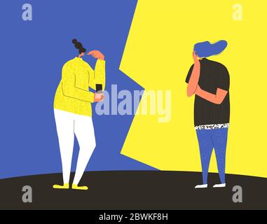 Pensare persone. Quiz. Donne adulte vs concetto. Coppia di persone durante la presentazione delle domande. Concetto di cava. Concorso tra amici. Colore piatto vettoriale illu Illustrazione Vettoriale