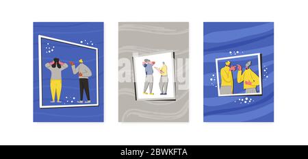 Conflitto tra banner verticali. Coppie di persone durante l'argomento. Collezione di concetto di cava. Cattiva relazione tra amici, colleghi o familiari. Illustrazione Vettoriale