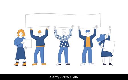 Protesta. Cinque attivisti che tengono cartelli. Persone in piedi insieme con spazi vuoti. Gruppo di giovani uomini e donne con bandiere che partecipano alla sfilata, pick Illustrazione Vettoriale
