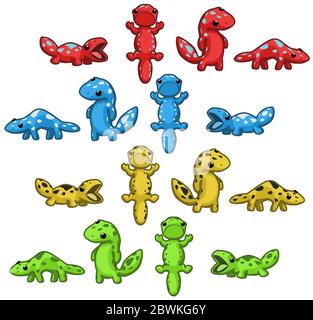 Il colore della lucertola Gecko pone un insieme di elementi di disegno cartoon, vettore isolato, orizzontale Illustrazione Vettoriale