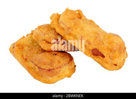 Pastella coperto fritto Spam pranzo frittelle di carne isolato su uno sfondo bianco Foto Stock