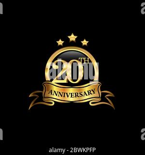 logo di design del 20° anniversario colore dorato con anello e nastro d'oro per la celebrazione dell'anniversario. EPS10 Illustrazione Vettoriale
