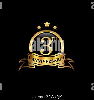 logo del 3° anniversario colore dorato con anello e nastro d'oro per la celebrazione dell'anniversario. EPS10 Illustrazione Vettoriale