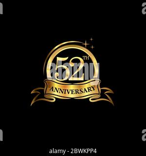 52esimo anniversario design logotipo colore dorato con anello e nastro d'oro per la celebrazione dell'anniversario. EPS10 Illustrazione Vettoriale