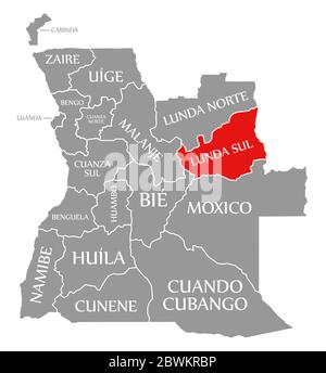 Lunda sul rosso evidenziato sulla mappa dell'Angola Foto Stock