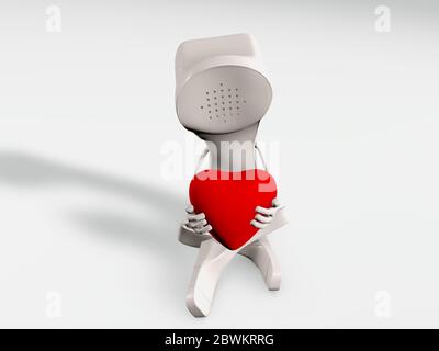 Il carattere del telefono è in amore seduto con un cuore nelle mani. Rendering 3d del concetto di relazione a lunga distanza Foto Stock