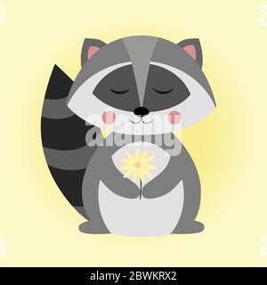 Simpatico raccoon. Procione nordamericano, mammifero nativo. Disegno animale di cartone animato. Immagine vettoriale piatta isolata su sfondo giallo. Abitanti della foresta. Illustrazione Vettoriale